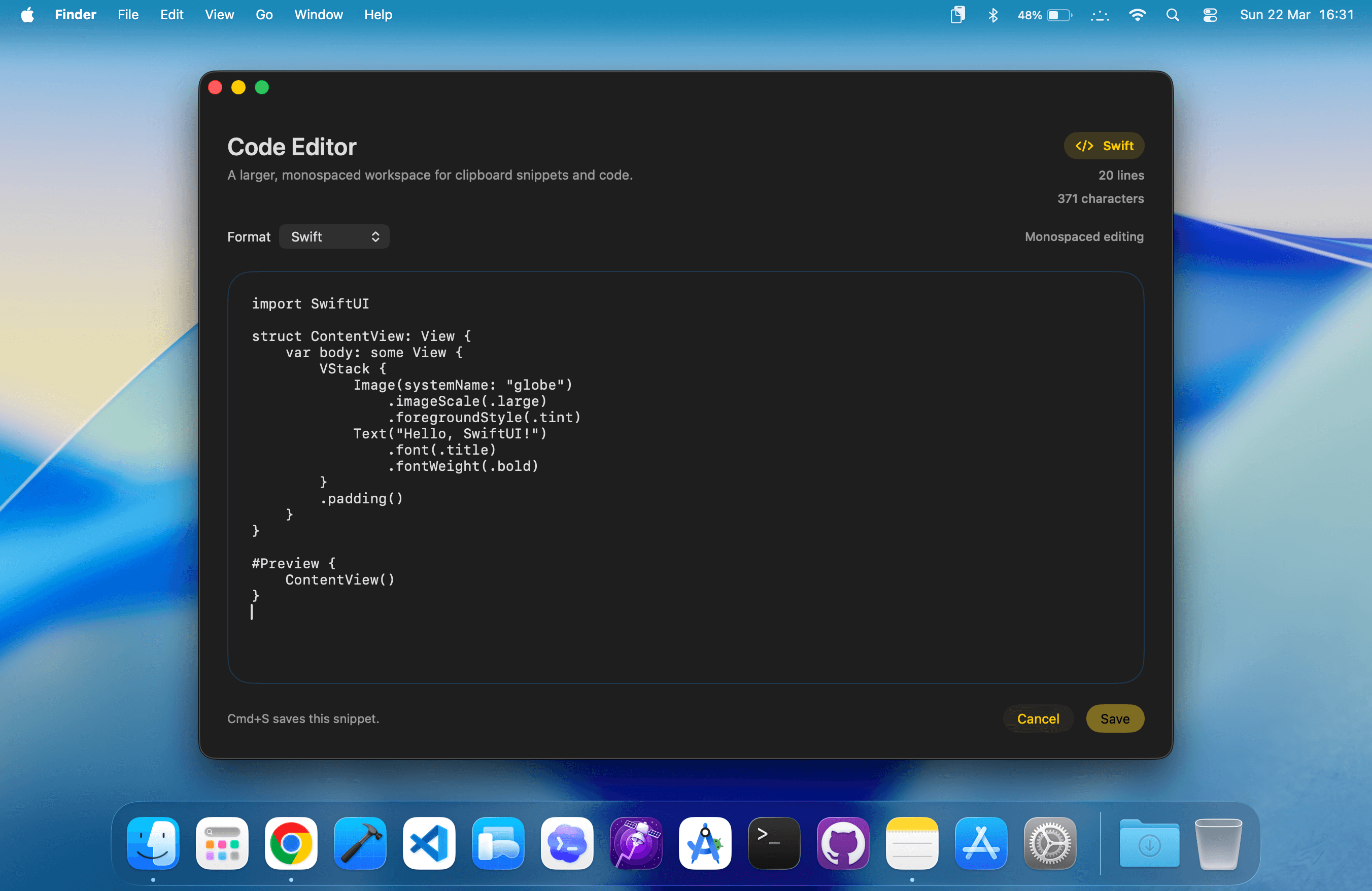 ClipBoardy code editor for a Swift snippet.