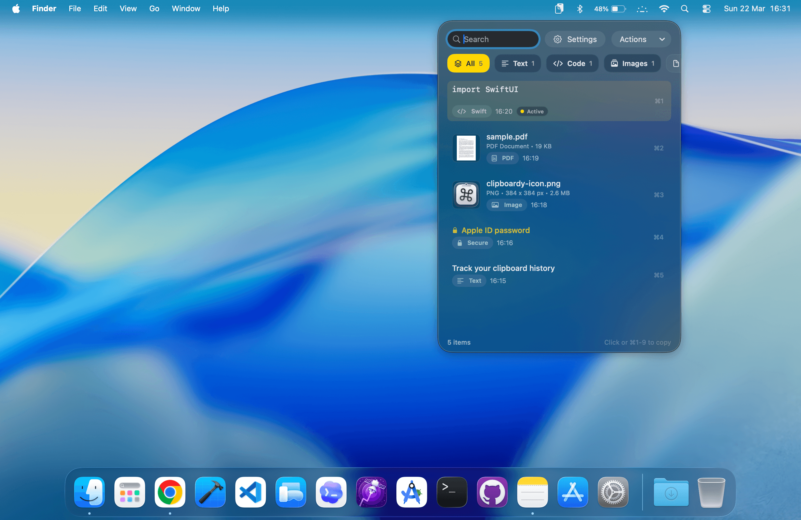ClipBoardy menu bar popup.